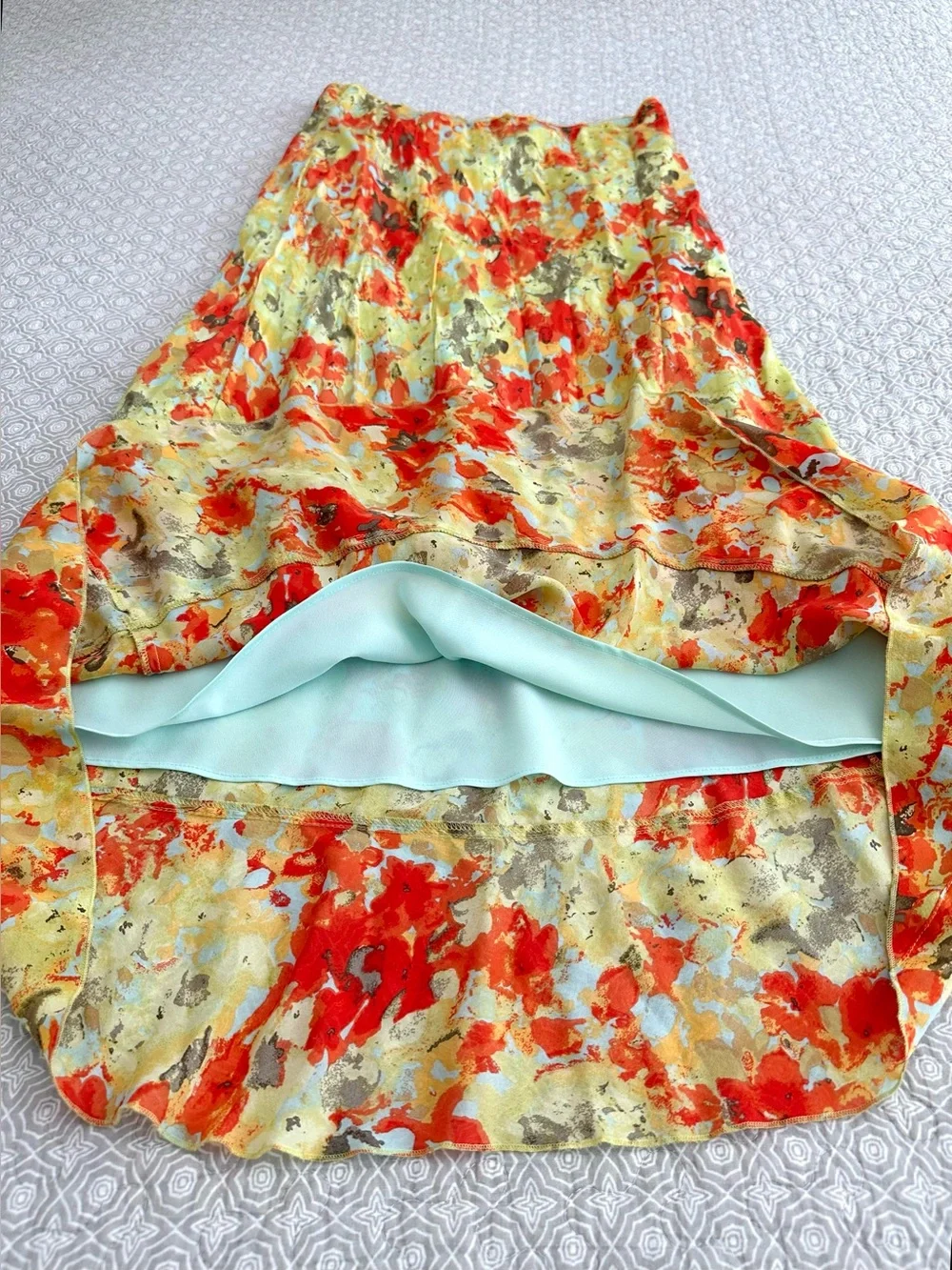 SUNDANCE 100% Silk Abstract Floral Midi Skirt Yellow Orange Size 10